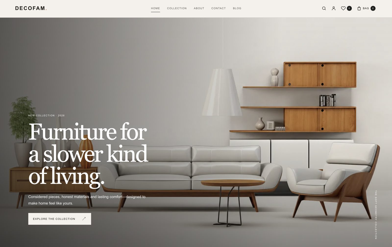 Decofam furniture storefront: “Furniture for a slower kind of living” hero with a mid-century living room