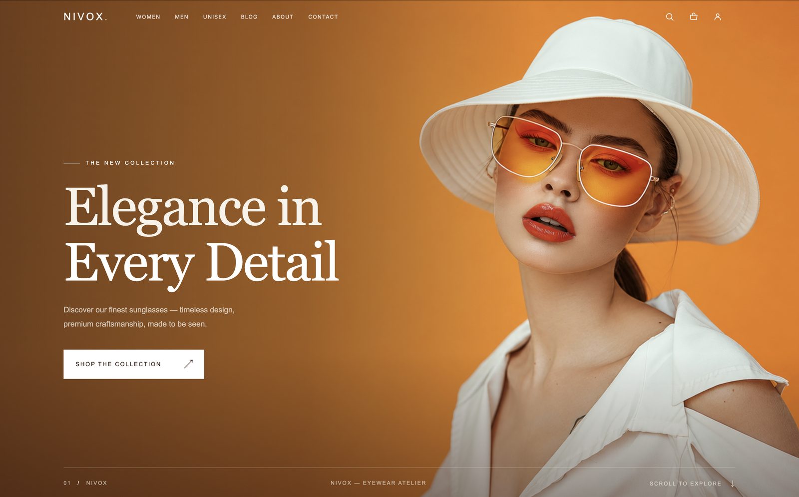 Nivox eyewear storefront: “Elegance in Every Detail” hero with a model in orange-tinted sunglasses